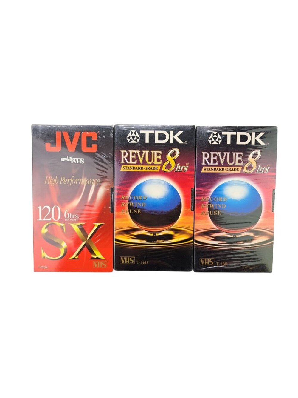 JVC TDK Blank VHS Cassette Tapes 120 6 Hour TDK Revue 8 Hour New Sealed Lot Of 3
